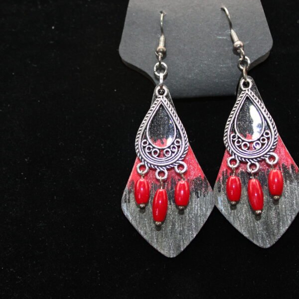 Black Red and Silver Wood Earrings