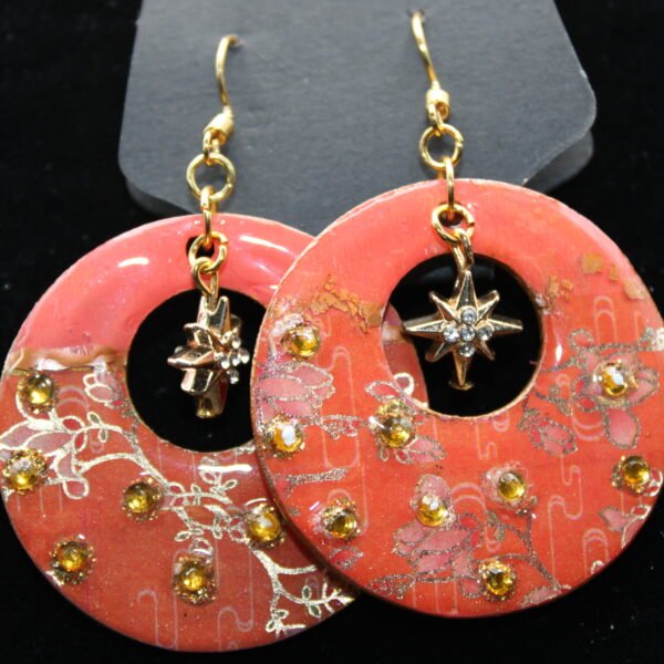 Fancy Orange and Gold Tone Wood Earrings With Gold Colored Crystals