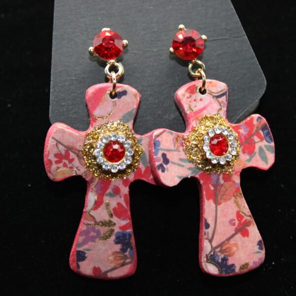 Pink and Red Cross Wood Earrings