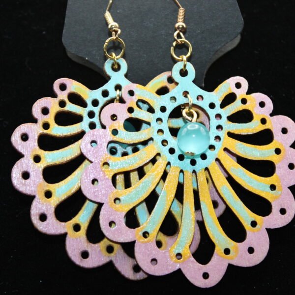 Fancy Fan and Tiger Eye Bead Wood Earrings