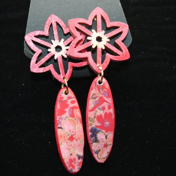 Fancy Red and Gold Flower Wood Earrings