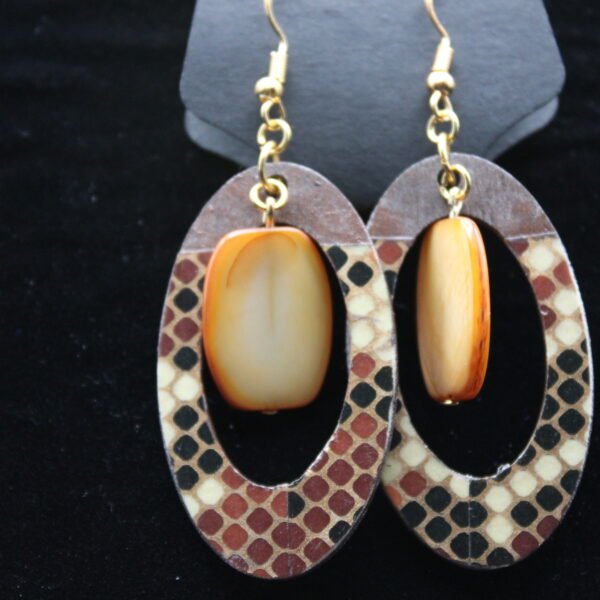 Fancy Brown and Gold Dots Wood Earrings
