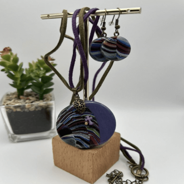 PURPLE AND BRASS Pendant and Earrings