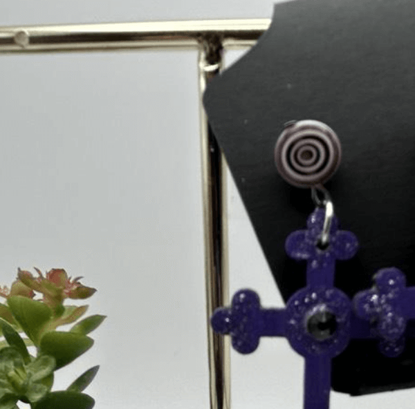 Purple Spiral Wood Cross Earrings