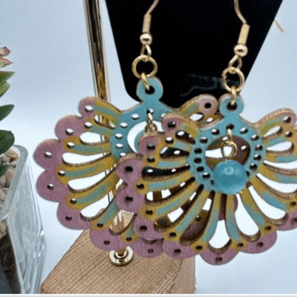 Fancy Fan and Tiger Eye Bead Wood Earrings