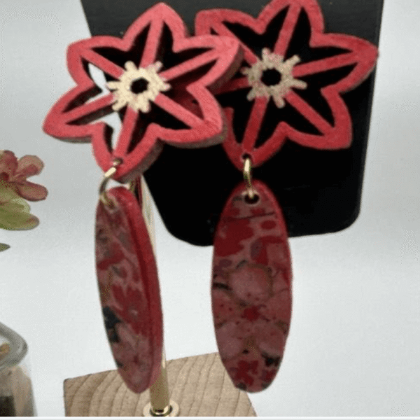 Fancy Red and Gold Flower Wood Earrings