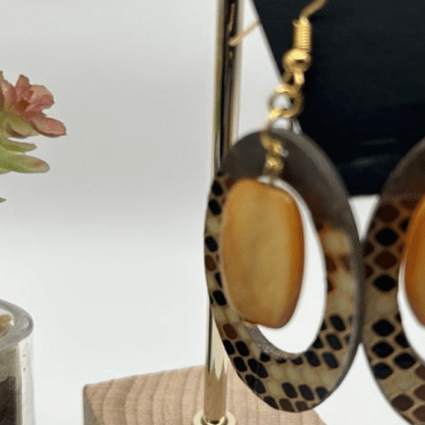 Fancy Brown and Gold Dots Wood Earrings