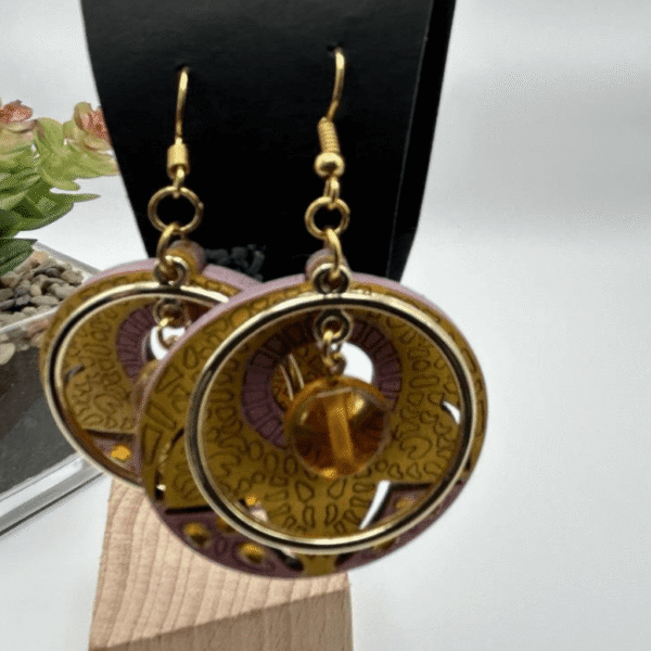 Yellow Gold Colored Wood and Hoop Earrings