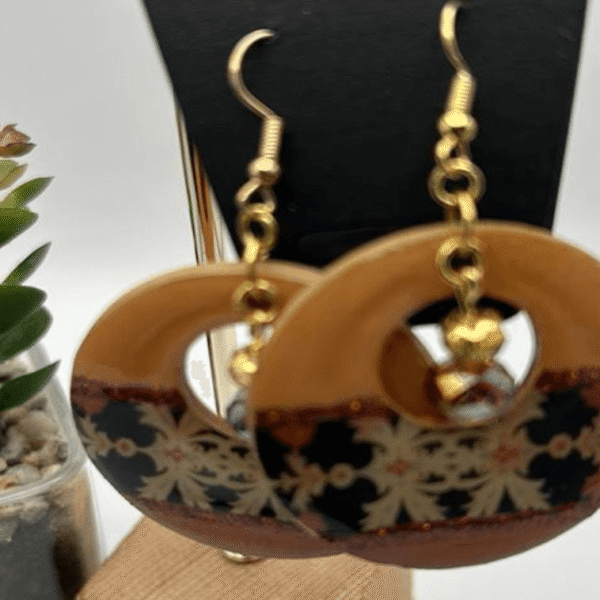 Fancy Gold and Brown Wood With Beads Earrings