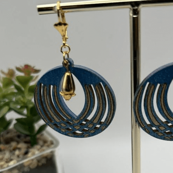 Blue and Gold Wood Earrings with Beads