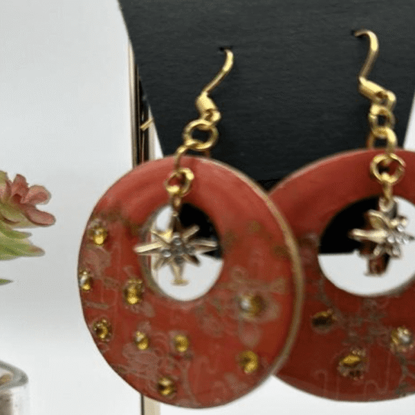 Fancy Orange and Gold Wood Earrings With Gold Colored Crystals