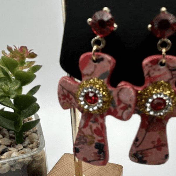 Pink and Red Cross Wood Earrings