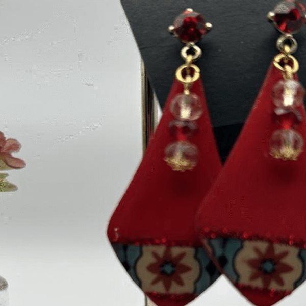 Fancy Red and Gold Wood and Beads Earring