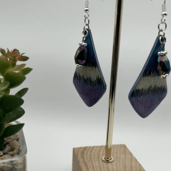 Fancy Puple Blue and Silver Wood Earrings With Beads