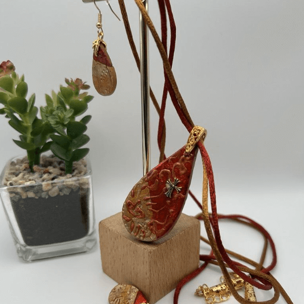 Red and Gold Pendant and Earrings